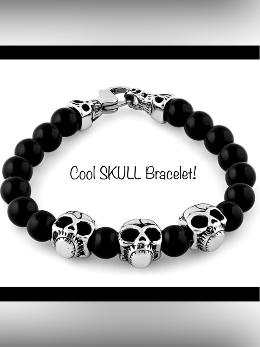 🔥Fashion🔥Triple Skull Black Agate Stainless Steel Bracelet UNISEX